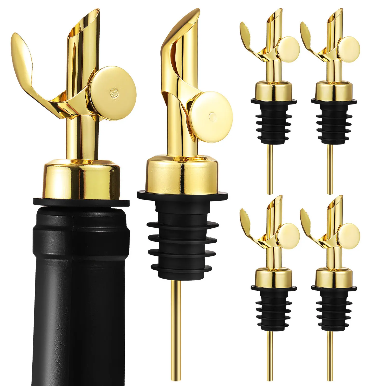 6Pcs Stainless Steel Spirit Pourers with Gravity-Activated Caps No-Drip Bottle Pourers for Wine Whiskey Olive Oil Vinegar