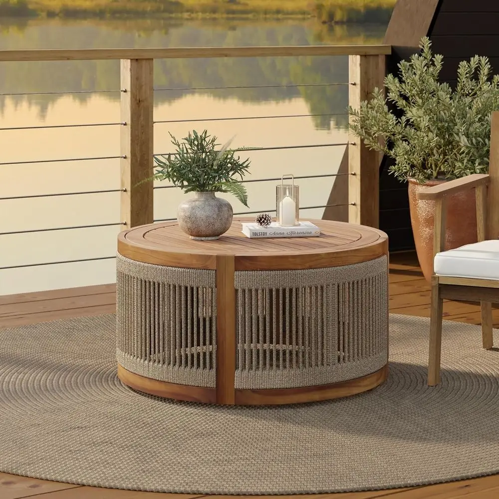 

Приставной столик для патио из веревки из дерева акации, 31, круглая уличная мебель для сада, балкона и крыльца