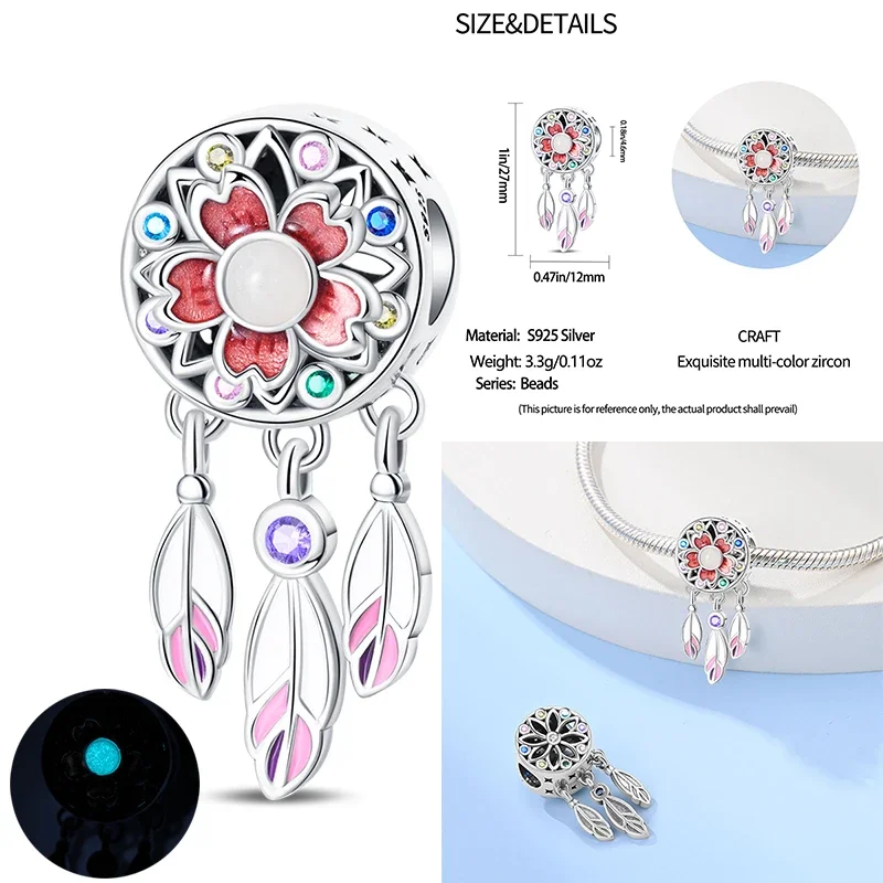 S925 Sterling Silver Pendant Beads para As Mulheres, Dream Catcher, Flor, Borboleta, Se Encaixa Pulseira Original, DIY Charme, Jóias, Presente Da Moda