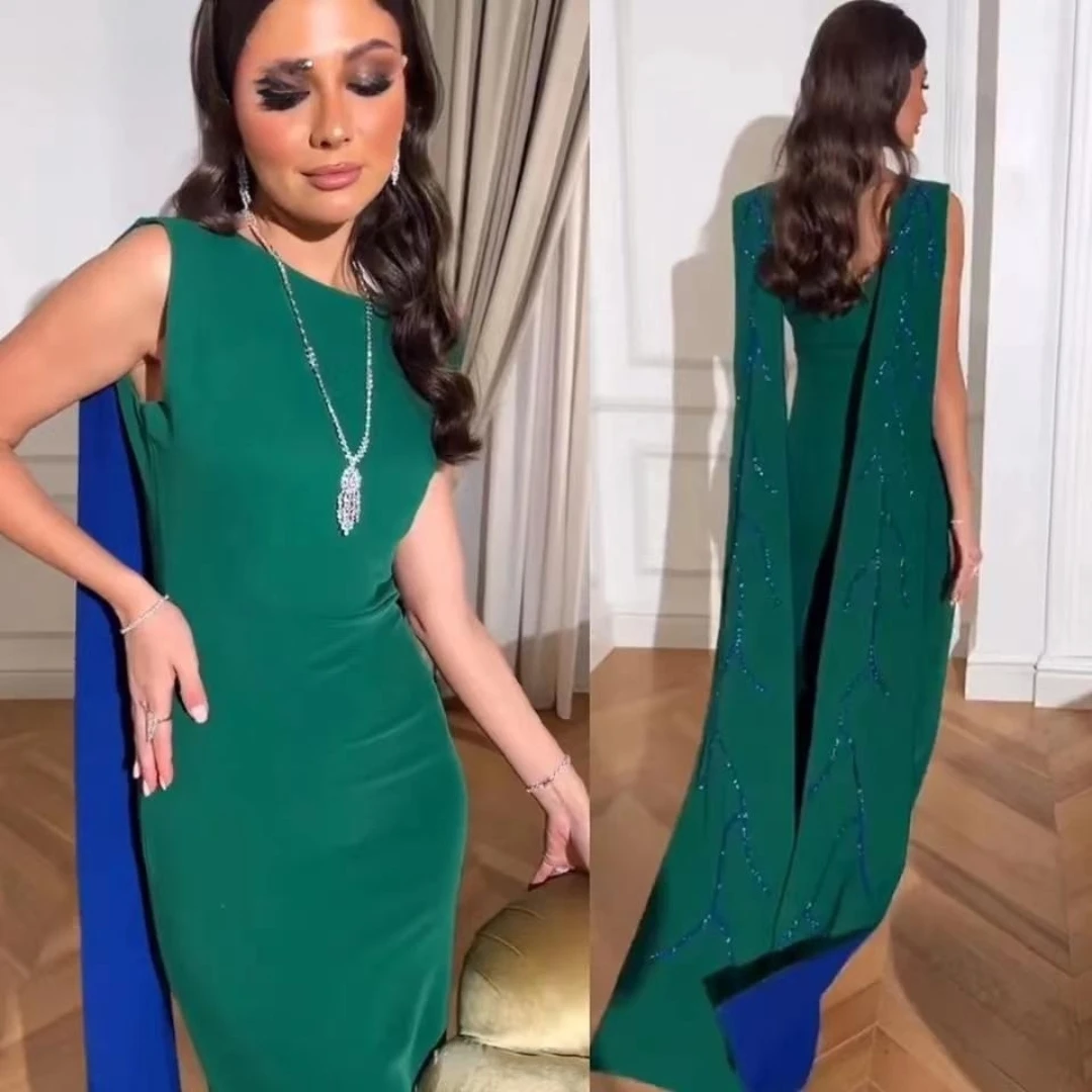 

Santorini Crew Neck Prom Dresses Saudi Arabia Women Wear Mermaid Evening Gowns with Beaded Wraps Formal Occasion Party Dress