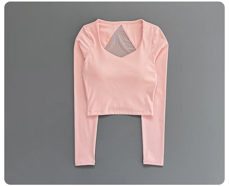 Women Deep V Mesh Back Cutout Crop Long Sleeve Yoga Top Slim Quick Dry Breathable Running Fitness Sports Tee