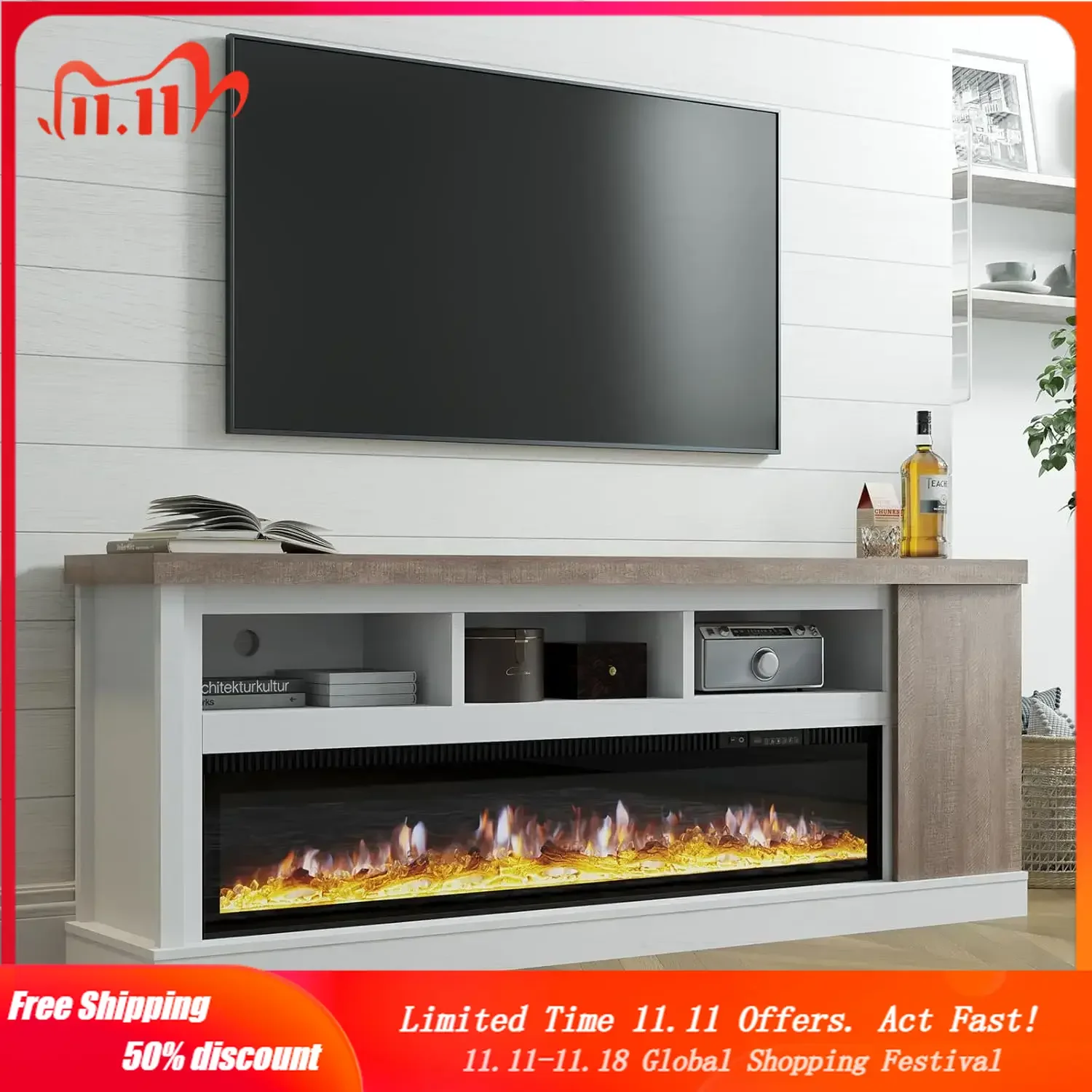 

75” Fireplace TV Stand with 60” Electric Fireplace, Chunky Entertainment Center with Wood Grain, Color Clash Entertainment Stand