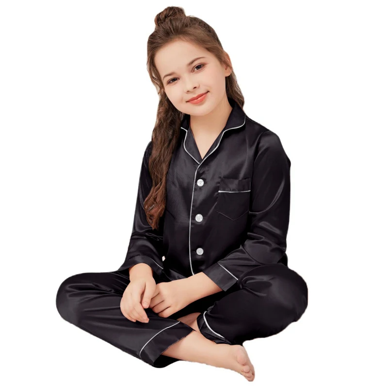 Wholesale Pajamas Little Kids Boys Girls Satin Silk Black Sleepwear Set Button-Down Satin Clothes Long Sleeve Loungewear D65