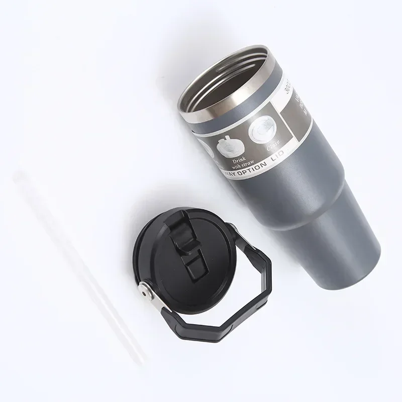 30oz Large Capacity Portable Car Cup Stainless Steel Thermos Cup with Straw & Handle Travel Sports Water Bottle Vacuum Flask - view 6