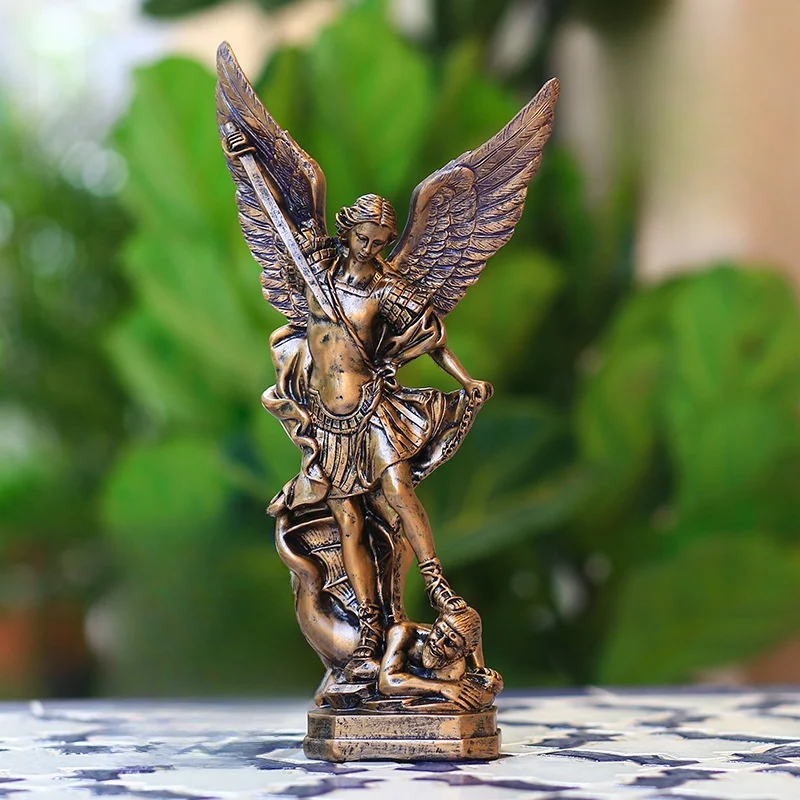 Christian San Miguel Arcangel Statue Retro Bronzed Saint Michael Angel Resin Figurine Home Blessing Decoration Desktop Ornaments