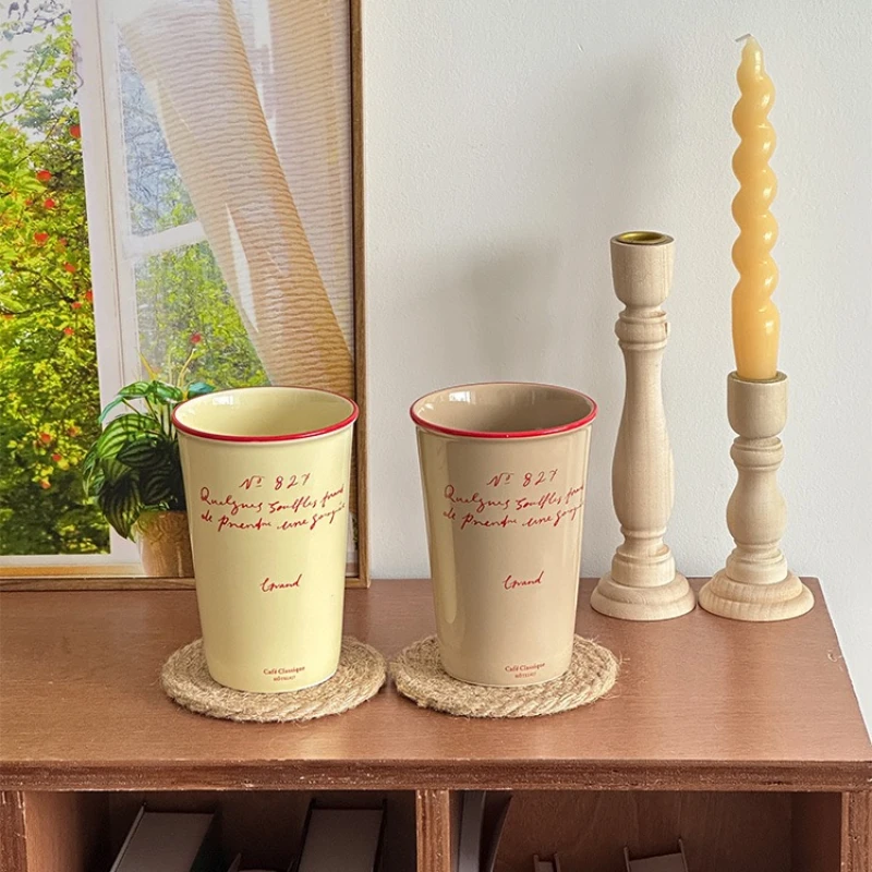 French Ceramic Coffee Mug 450ml Water Cup Vintage Paper Cup Letters Ceramic Hand Hold Tall Mug Coffee Cups Breakfast Juice Mugs