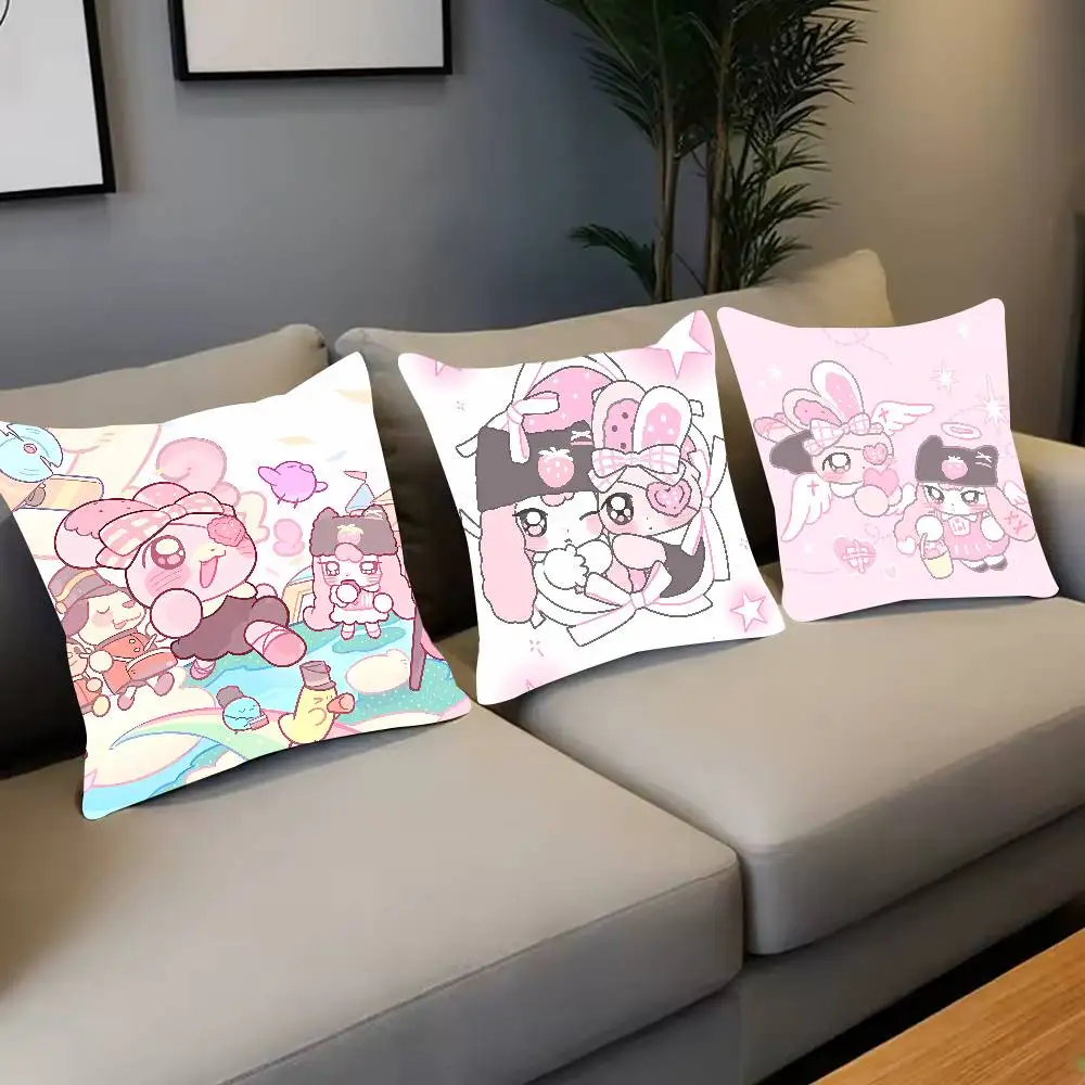 Cute Pink Cartoon Bunny Throw Pillow Cover HD Kawaii Chibi Rabbit Cushion Case Sweet Heart Star Pattern Sofa Bedroom Home Decor