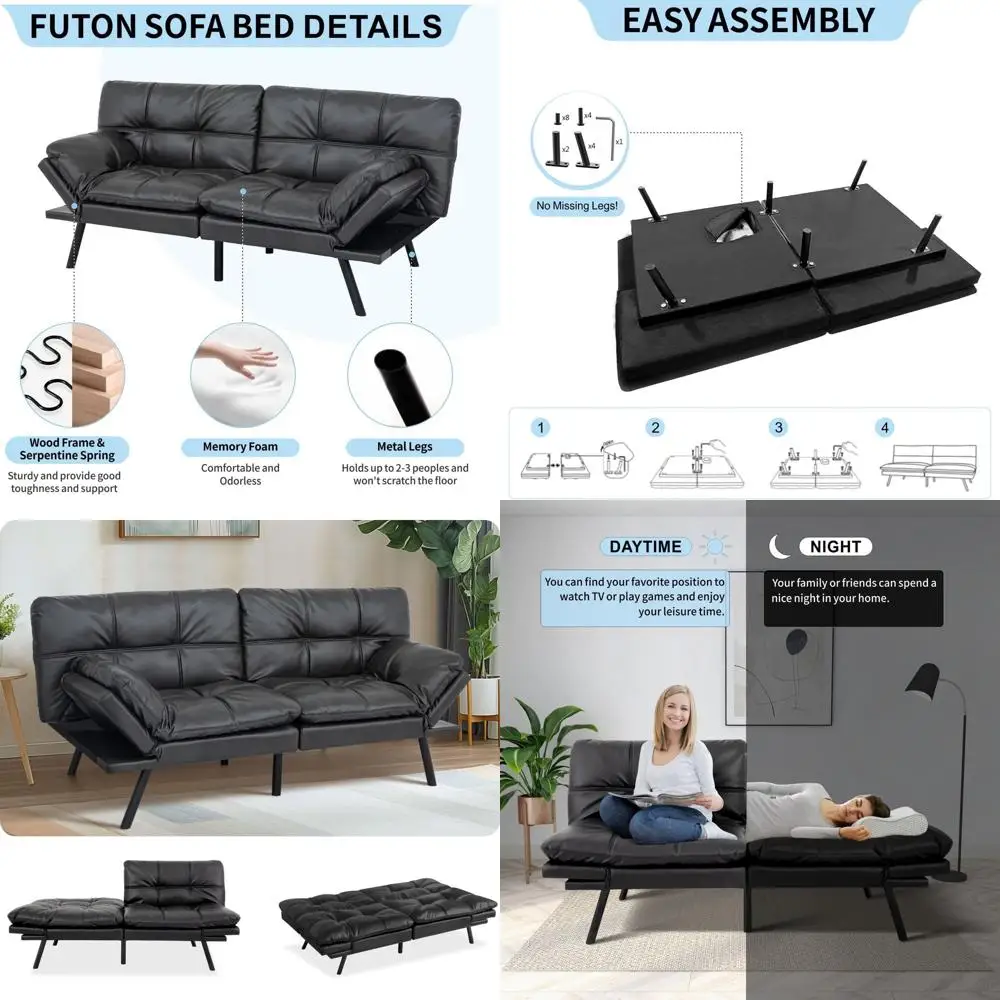 

71 Convertible Sofa Bed with Adjustable Backrest and Armrest, Linen Fabric Couch for Living Room, Office, Matte Black
