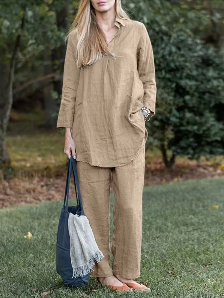 

Vintage Loose Blouse Shirt Sets Two Pieces V Neck Long Sleeve Blouse Tops High Waist Straight Trousers Ropa De Mujer Pants Sets