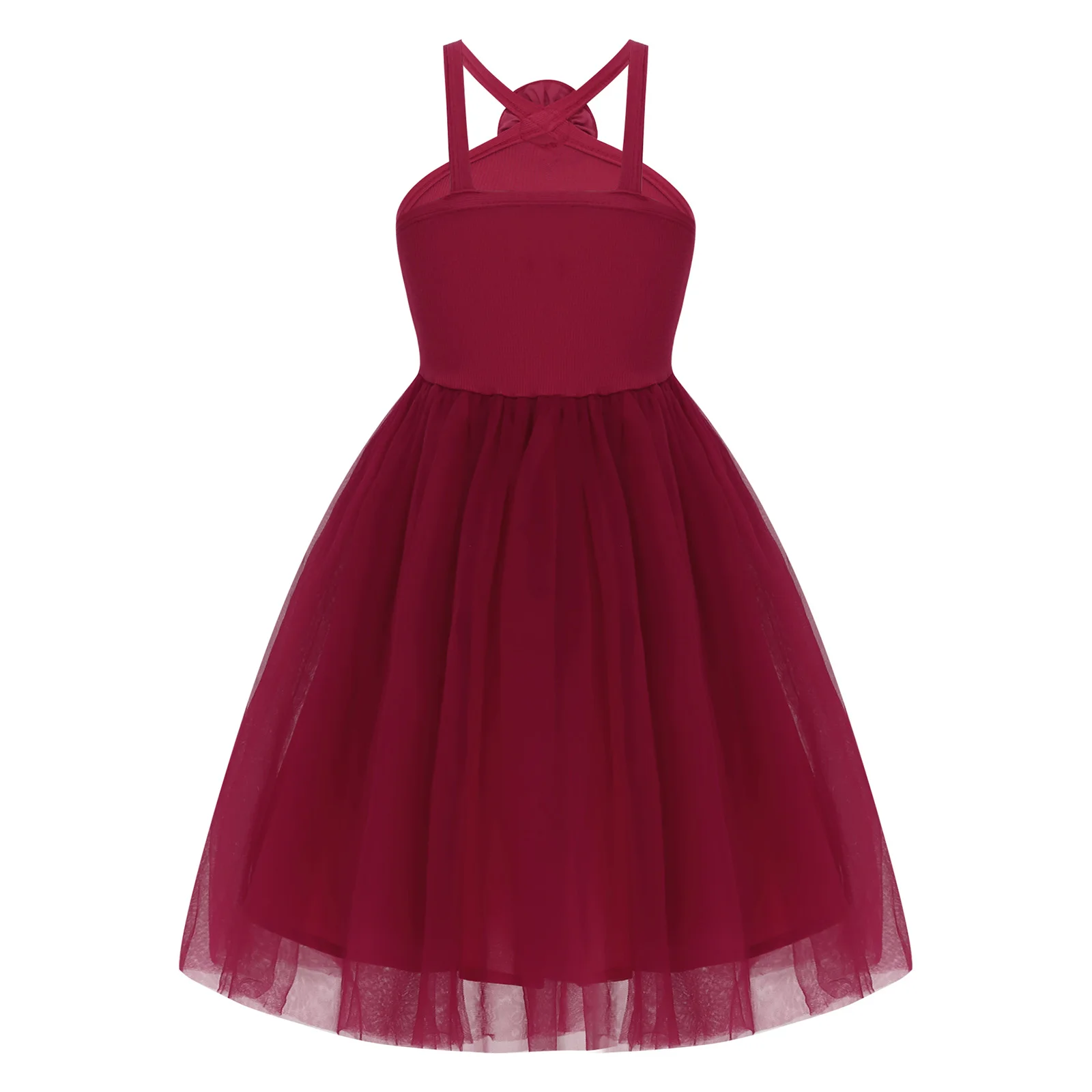 Elegant Flower Girls Sleeveless Tulle Hem Princess Tutu Dress Children Applique Sling Dress Wedding Pageants Birthday Prom Gown