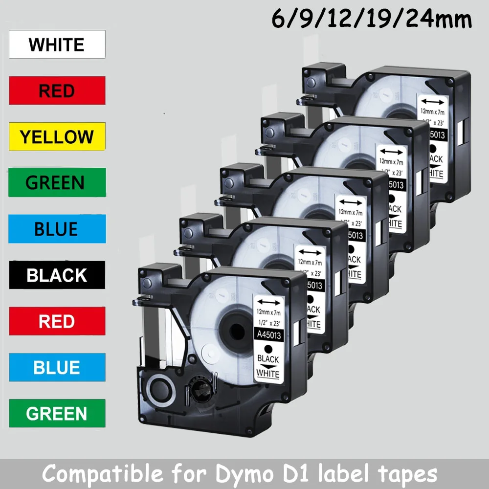 5/10PK 45013 6/9/12/19/24mm D1 Tapes Compatible for DYMO 45016 45021 Standard Label Black on White for Dymo LabelManager 200 450