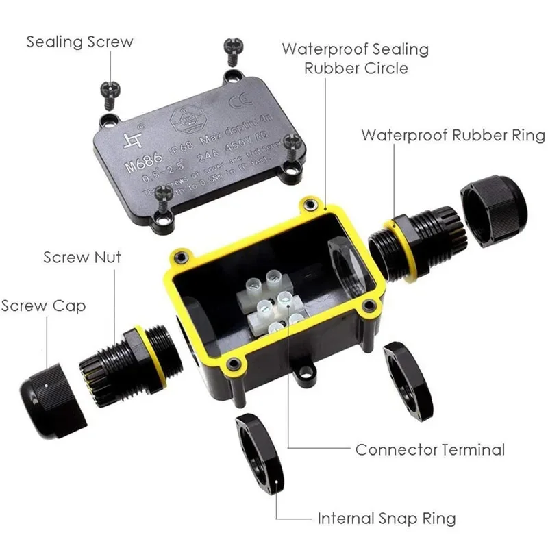 防水屋外ジャンクションボックス,IP68 LED配線,端子2p,3p,6〜12mm,電気配線継手,難燃性,450v,24a