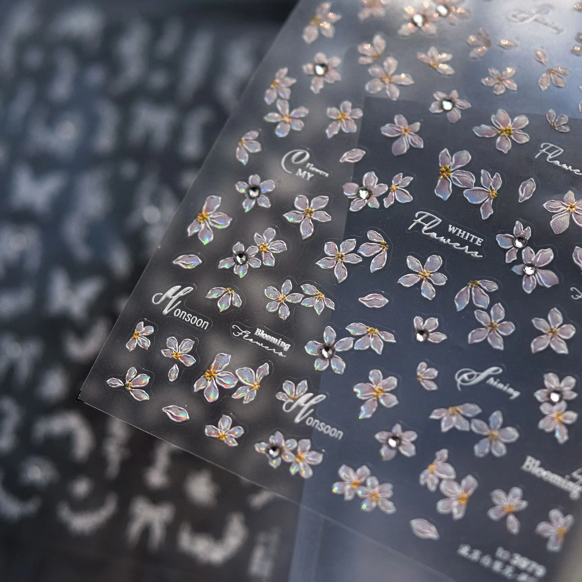 

3D Embossed Dried Flower Nail Stickers Set Chinese Spring Style Glitter Colorful White Daisy Floral Nail Art Decals