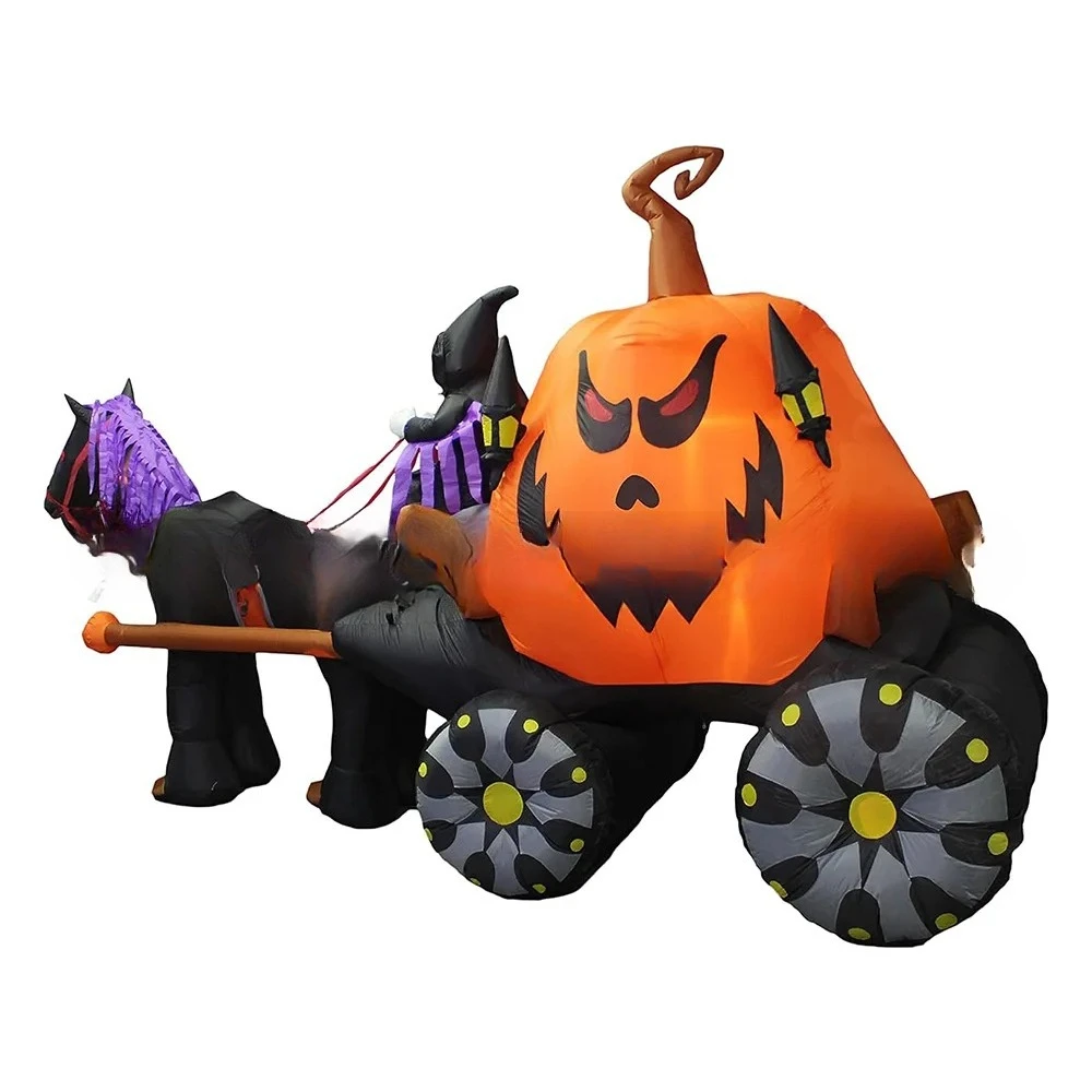 

Halloween Skull Man Riding Pumpkin Carriage Inflatable Air Model with LED Lights Garden Outdoor Decoration Ornament