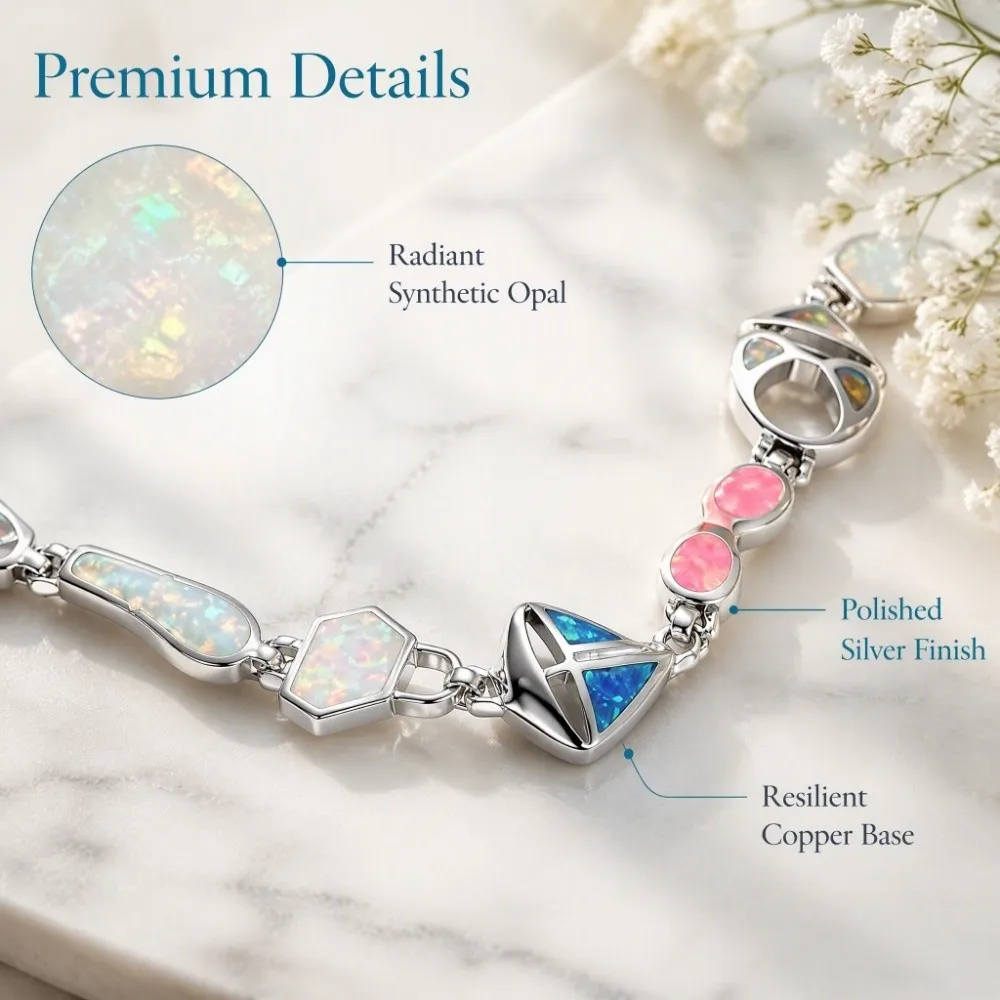 Lab Created Opal Opal Bracelet Synthetic Opal Rainbow Fire Hand Chain Geometric Multi Shape Link Bracelet Daily Jewelry
