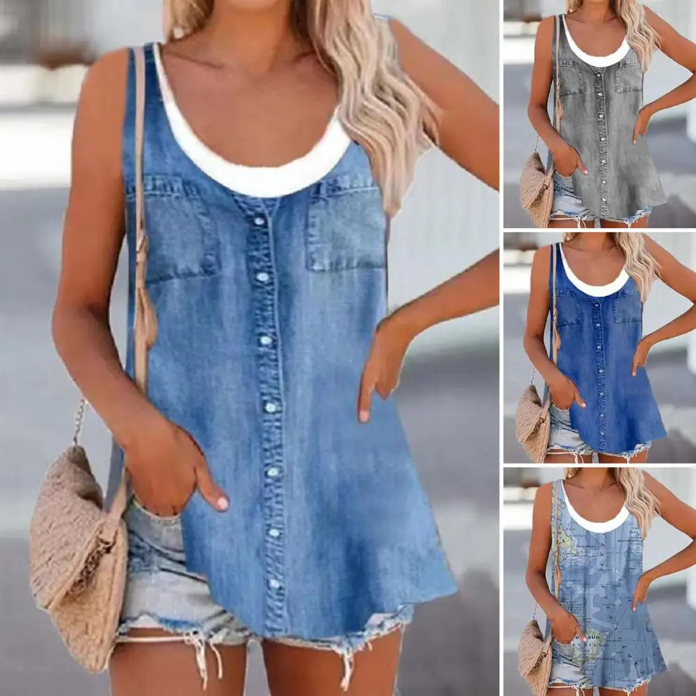 Summer Fashion False Denim Sexy Pocket Women Vest Tank Casual Loose Big Large Ruffles Fashion T Shirts Tops Tees