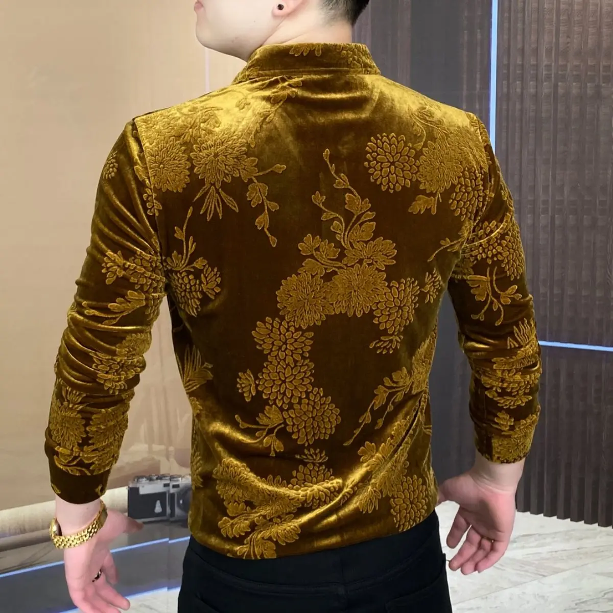 Luxury Gold Velour Shirts Mens Flowers Velvet Social Club Prom Party Wear Slim Fit Yellow Winter Stylish Clothes For Man Fashion