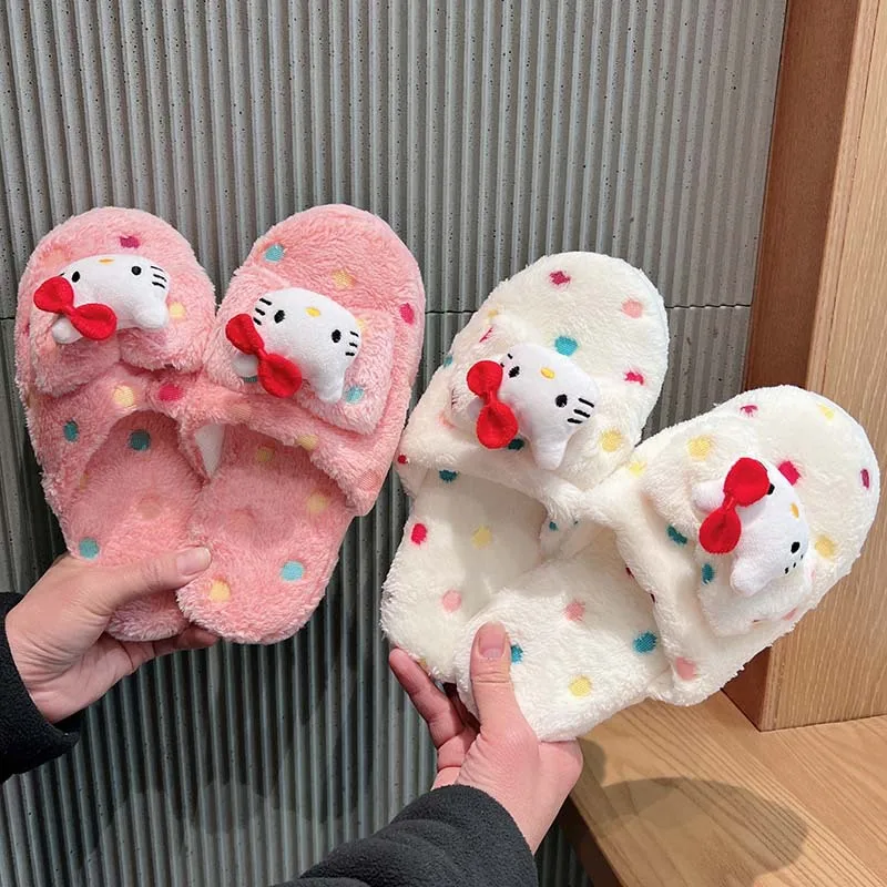 Sanrio Hello Kitty Cartoon Polka Dot Fur Slippers for Winter New Kitten Home Warm Cotton Slippers