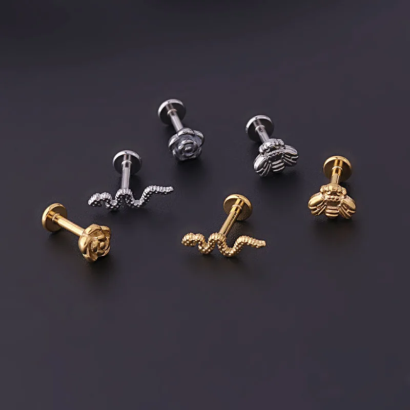 16Gx6mm Stainless Steel Flower Snake Stud Earrings Internal Thread Labret Lip Stud Flat Back Cartilage Earrings Piercing Jewelry