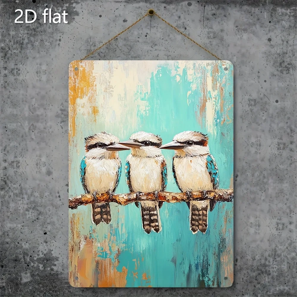 2D Flat, 1pc, Vintage Floral Metal Tin Sign- Rust-Proof Waterproof Wall Art with Three Cute Kookaburra Birds on Branch, Vibra