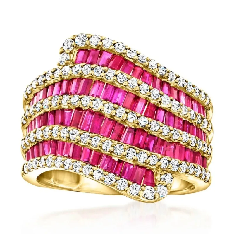 Luxuriöser Eingelegter Weiß-Roter CZ Damenring Ästhetischer Goldfarben Geometrischer Alltags- und Partyschmuck Jubiläumsgeschenk