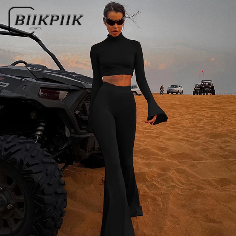 

BIIKPIIK Casual Women Pants Sets Concise Yoga Sporty Fitness Suit Flare Sleeve Crop Top + Elastic Waist Flare Pants Body-shaping