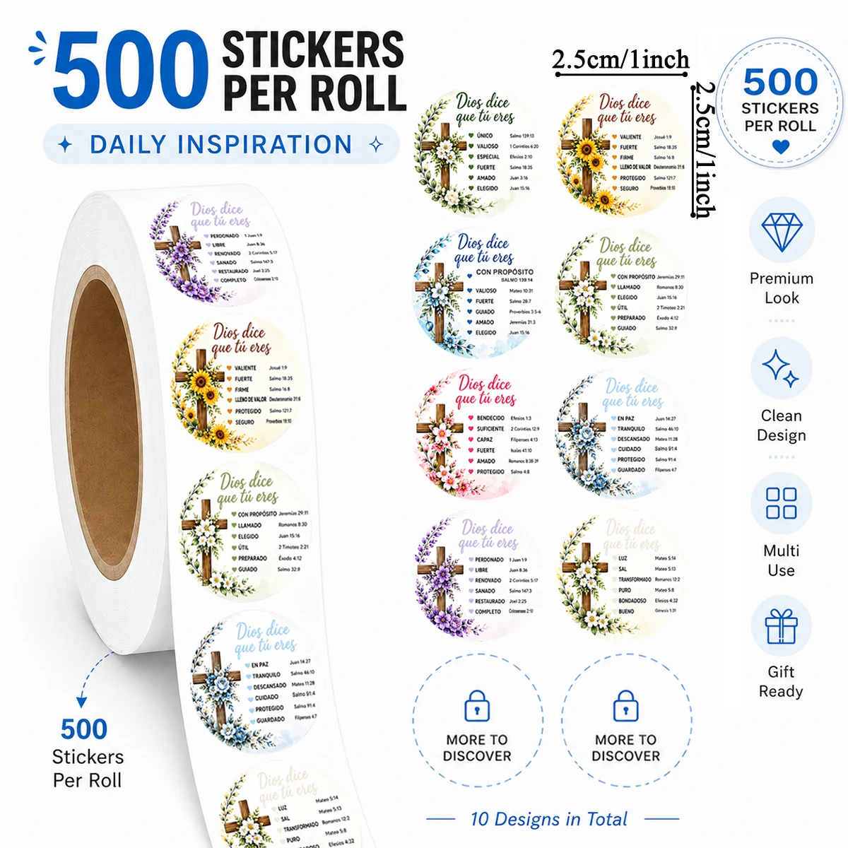 500 Pcs Spanish Bible Verse Stickers Roll Inspirational Scripture Round Labels Christian Faith Floral Cross Stickers