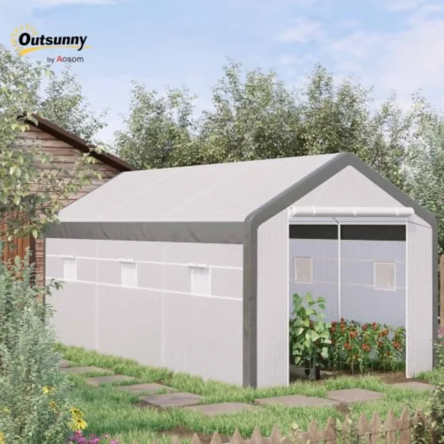 Walk-in greenhouse for gardening use, white PE fabric material, features 6 roll-up windows for ventilation and temperature cont