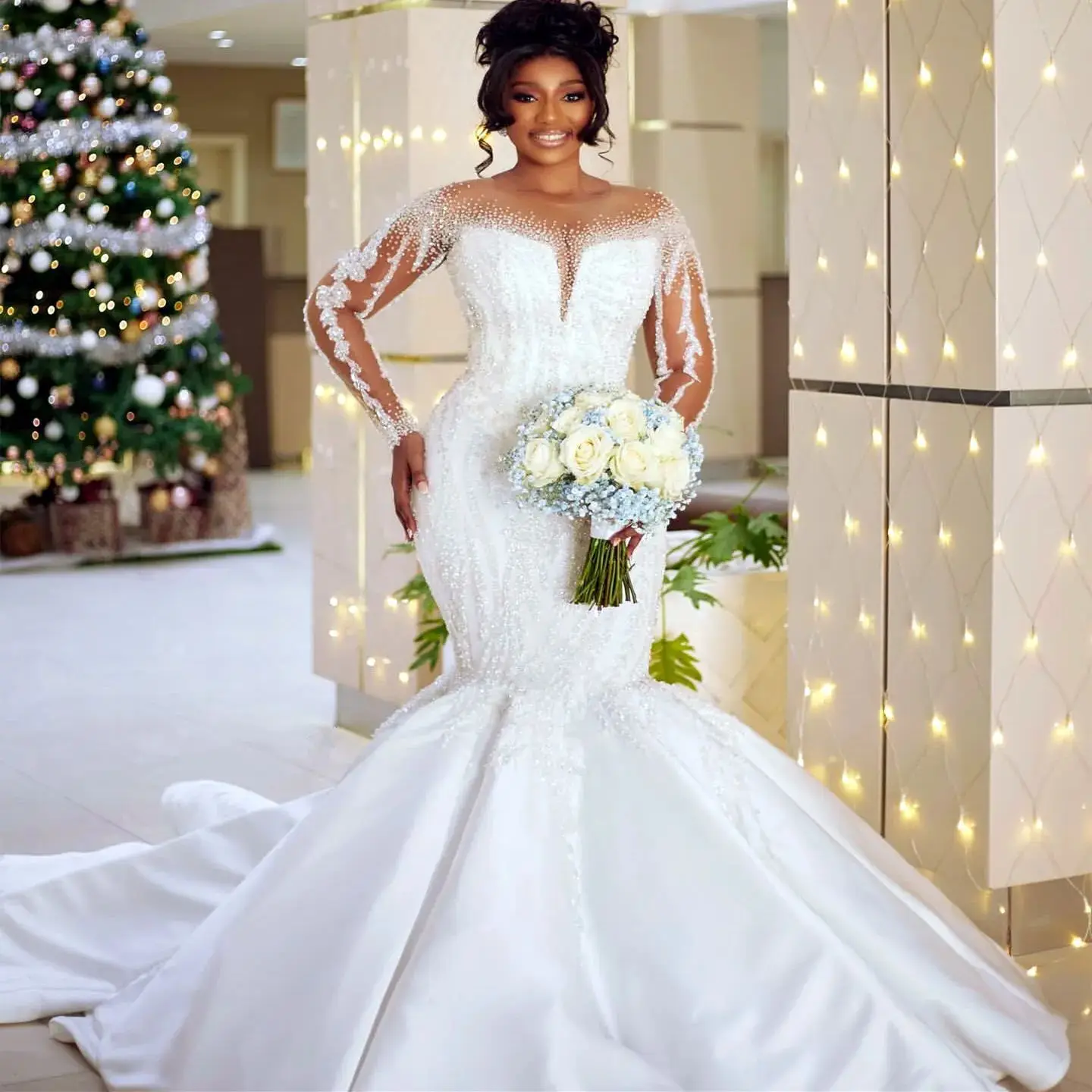 Hot African Wedding Dresses 2027 Sheer O-neck Beads Sequins Long Sleeves Mermaid Satin Birde Bridal Gowns Vestido De Novia