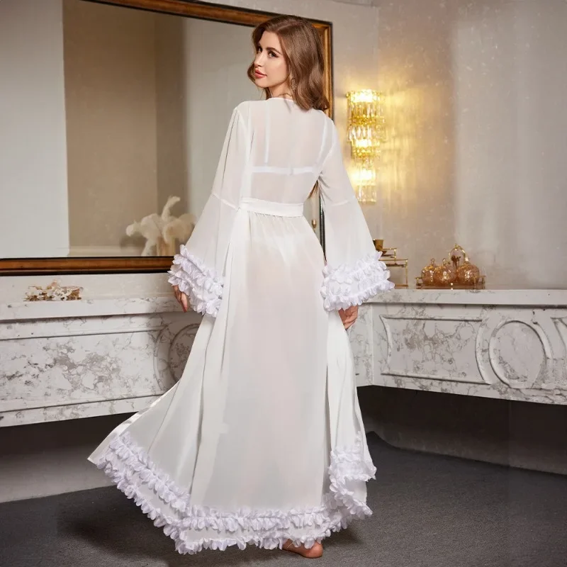 2025 신상 여성 나이트 드레스 섹시 레이스 반투명 롱 로브 홈웨어 섹시 나이티 란제리 여성 여름옷