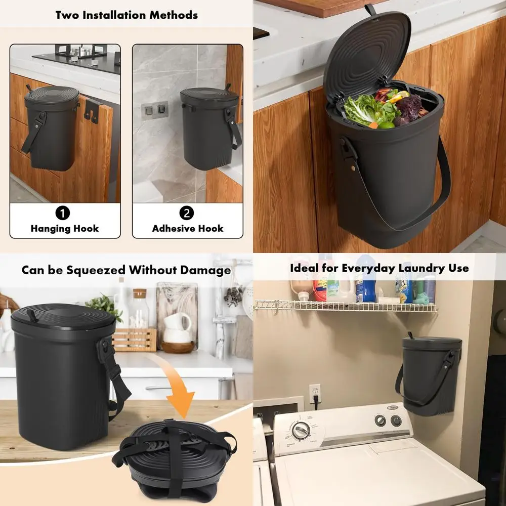 

Collapsible Silicone Kitchen Compost Bin, 2-Gallon Hanging Trash Can with Lid for Cupboard, Bathroom, Bedroom, Office, Camping