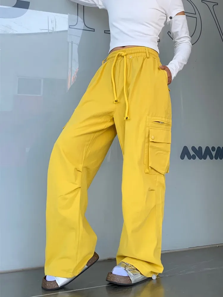 

2023 Korean Y2K Fashion Yellow Drawstring Baggy Cargo Jeans Pants For Women Clothes Multi Pockets Casual Lady Elegant Trousers