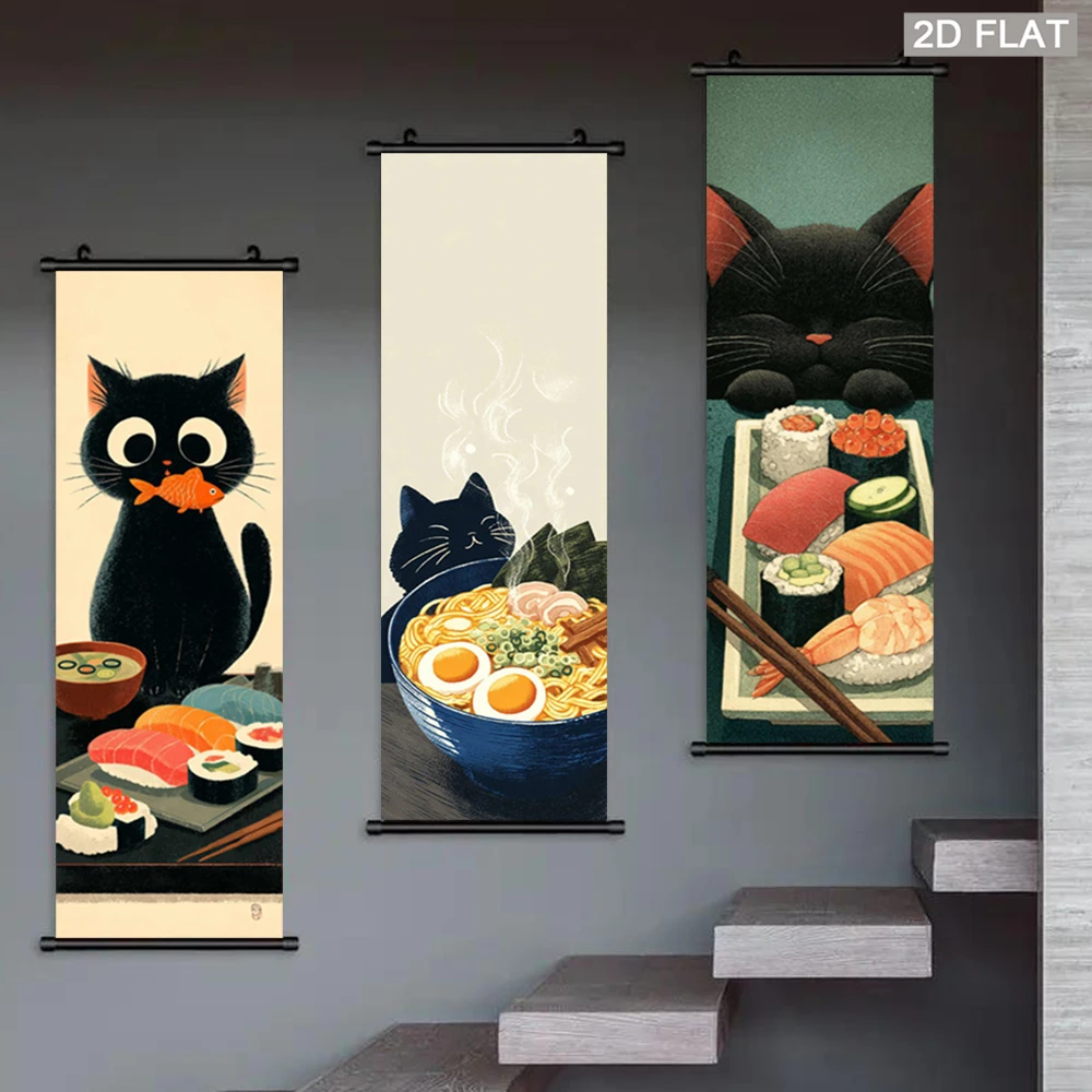 Cartoon Black Cat Wall Scroll Tapestry, Japanese Sushi Ramen Art, Cute Cat Food Fabric Poster, Kitchen Dining Room Wall Decor