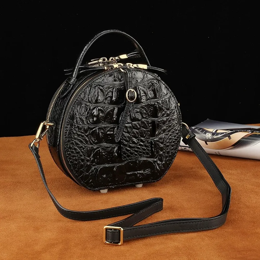 

Women's hand-held real crocodile leather small round bag authentic crocodile leather women's fashion one-shoulder cross-body bag