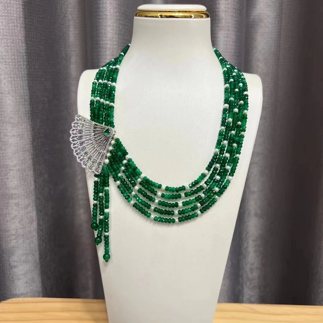 5 Rows Natural Green Crystal and Pearl Necklace Pendant 20'' Muti Strands Necklace Handmade Women Gifts