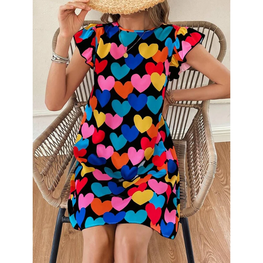 

Women's Heart Printed Sweet Style Dress Crew Neck A-Line Ruffle Sleeveless Loose Casual DailyWear Dress Summer Plus Size Dresses
