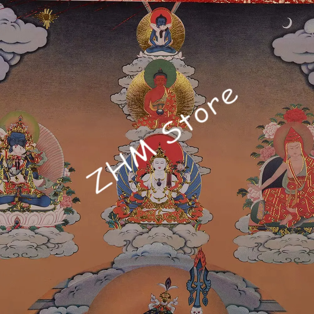 Tibetan Tangka Gold Print Buddhist Lotus Eight Buddha Painted Figurine Home/Temple/Living Room Hanging Dragon Decorate Craft
