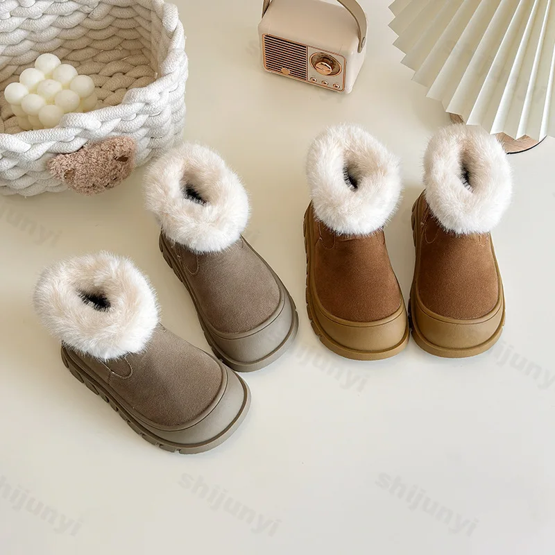 Kids Suede Leather Snow Boots Winter Baby Soft Warm Cotton Shoes with Plush Boys Girls Side Zipper Princess Retro Ankle Boots