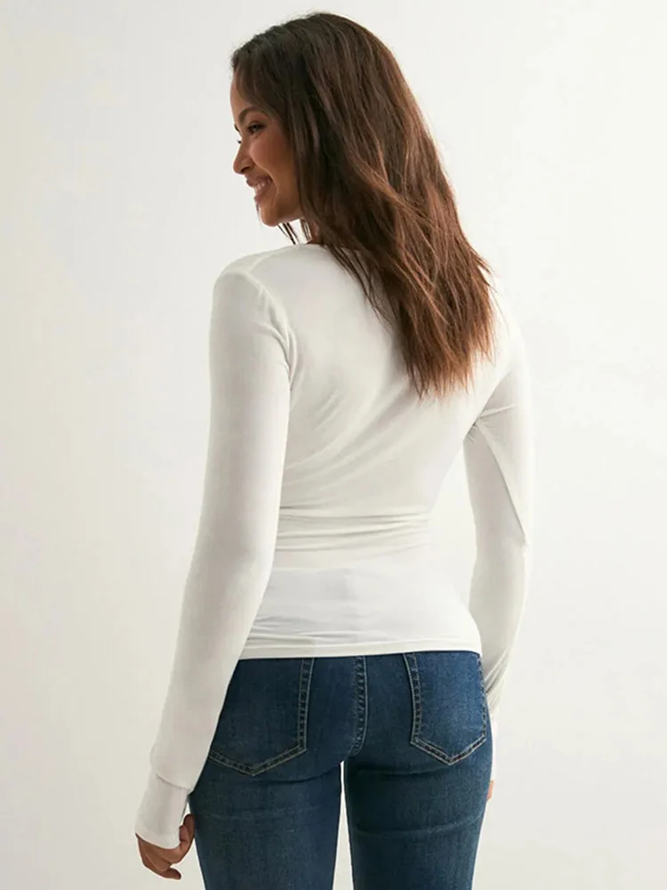 مثير بلون الخامس الرقبة طويلة الأكمام تي شيرت أعلى الخصر Cinching 2025 العصرية رداء علوي غير رسمي للنساء