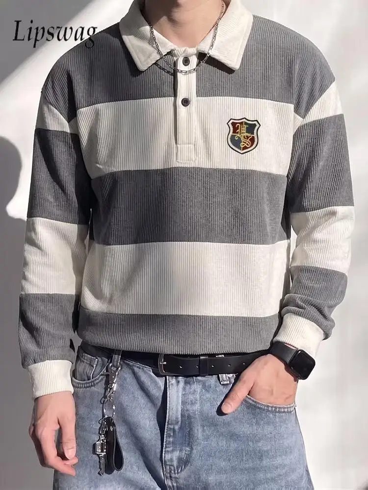 Vintage Corduroy Striped Polo Shirts Mens Fashionable Contrast Color Turn-down Collar Long Sleeve Tops Fall Casual Shirt