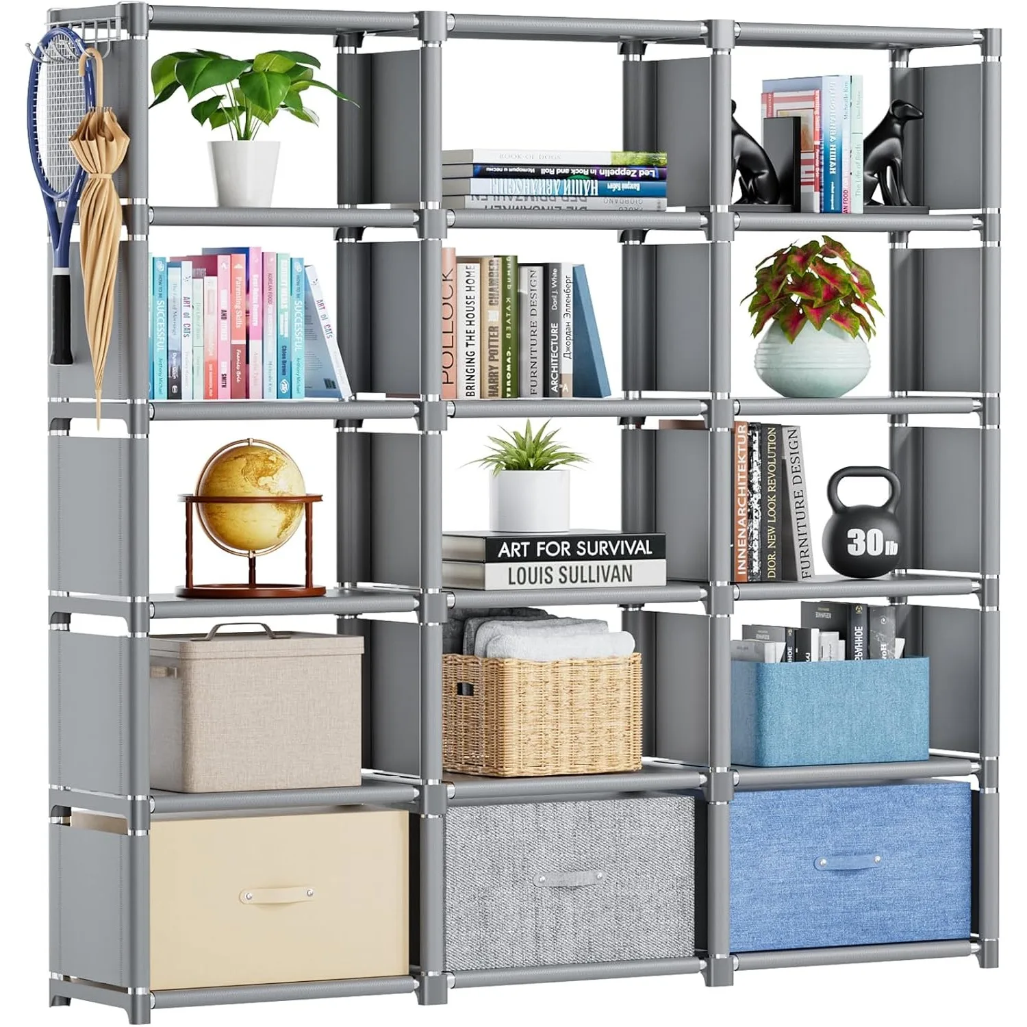 

Bookshelf - 15 Cube Storage, Tall Grey Cube Shelf, Cubbies Closet Organizer for Bedroom, Living Room, Home, Office