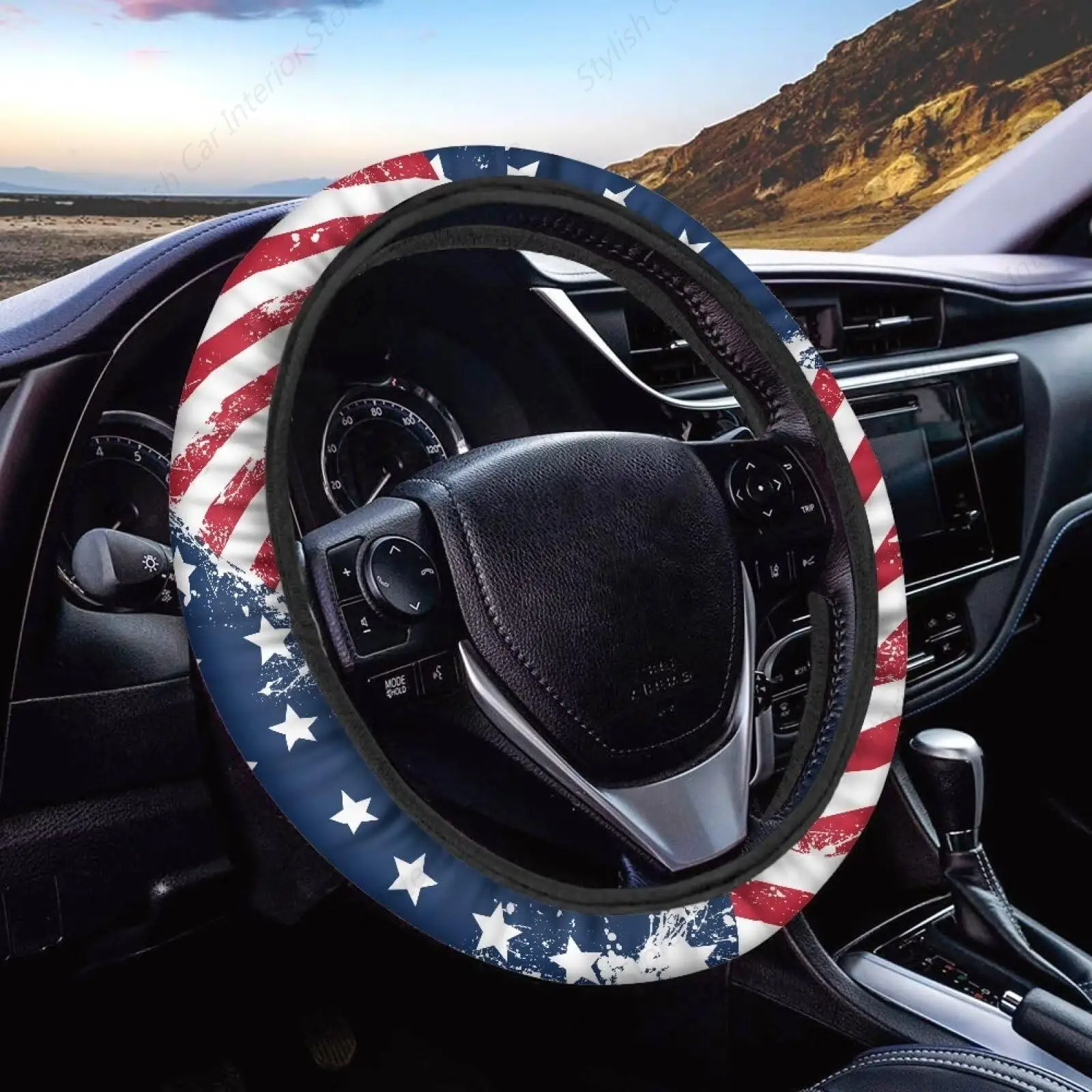 USA Flag Universal Steering Wheel Cover Grunge American Flag Brick Wall Red Blue Stripe Flag Universal Steering Wheel Cover