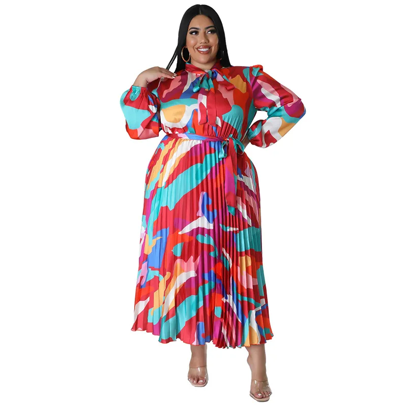 WSFEC L-4XL 2023 Fall Women Clothing Plus Size Dresses Fashion Printing Long Sleeve Pleated Lack Loose Casual Elegant Long Dress