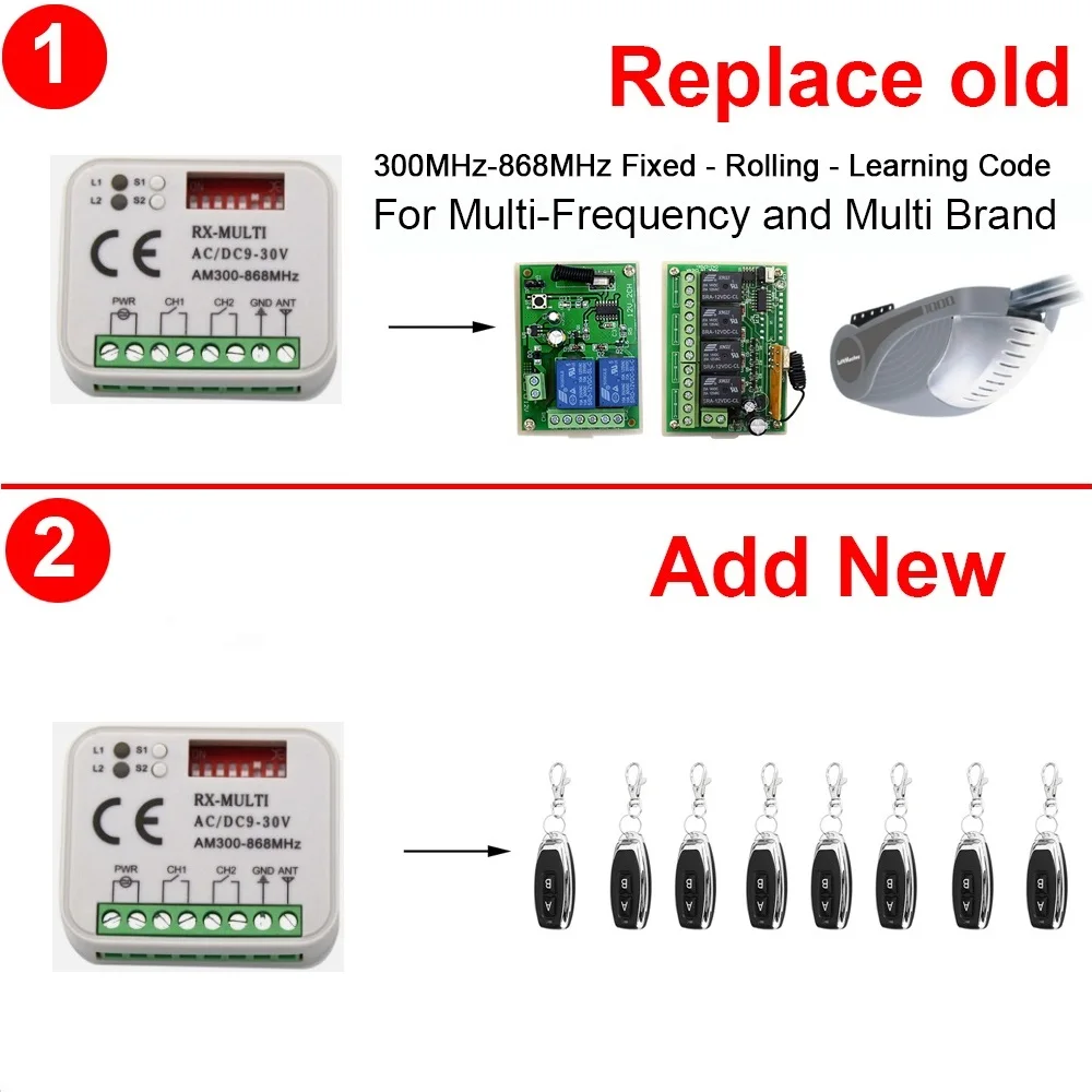 300-900MHz Universal Garage Door Remote Control Receiver RX Multi Frequency 2 CH Controller Switch For 433 868 MHz Transmitter