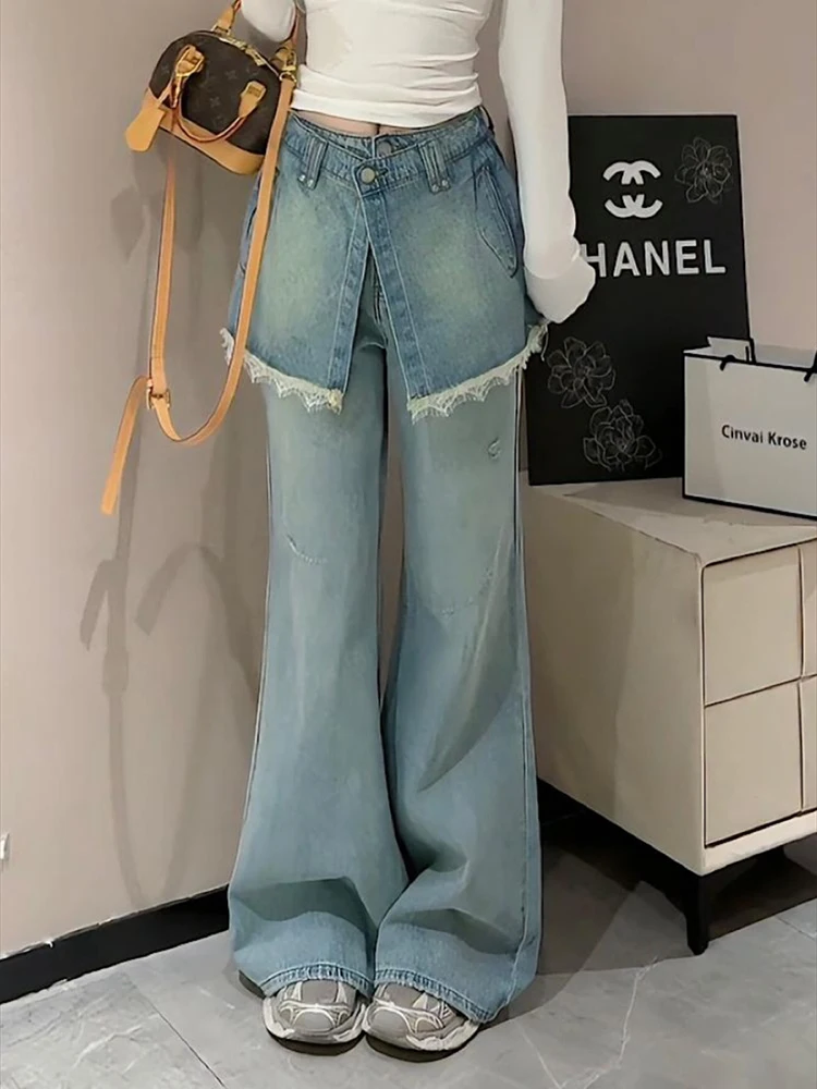 

Women Kpop Y2k Harajuku Fashion Gyaru Flare Jean Low Rise Patchwork Denim Pants 2000s Aesthetic Bell Bottoms Design Korean Chic