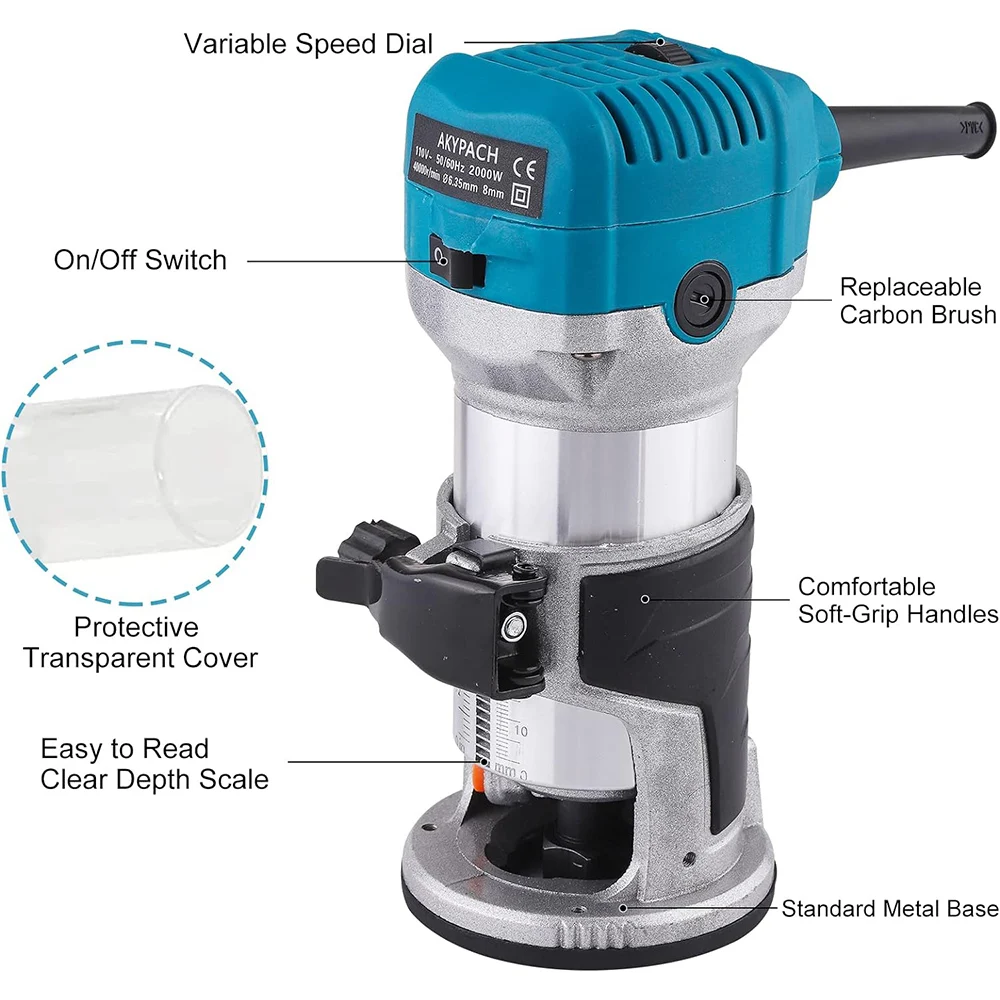 Recortadora eléctrica de madera, fresadora manual de 2000W, 220V, 40000RPM, herramientas de bricolaje para el hogar