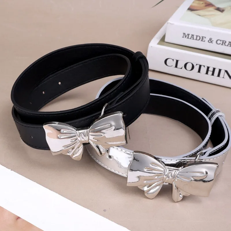 Y2K Bow Buckle Belt Women Girls Black White Simple Versatile Belt Comfortable Casual Rhinestone Decoration Fashion Accessories