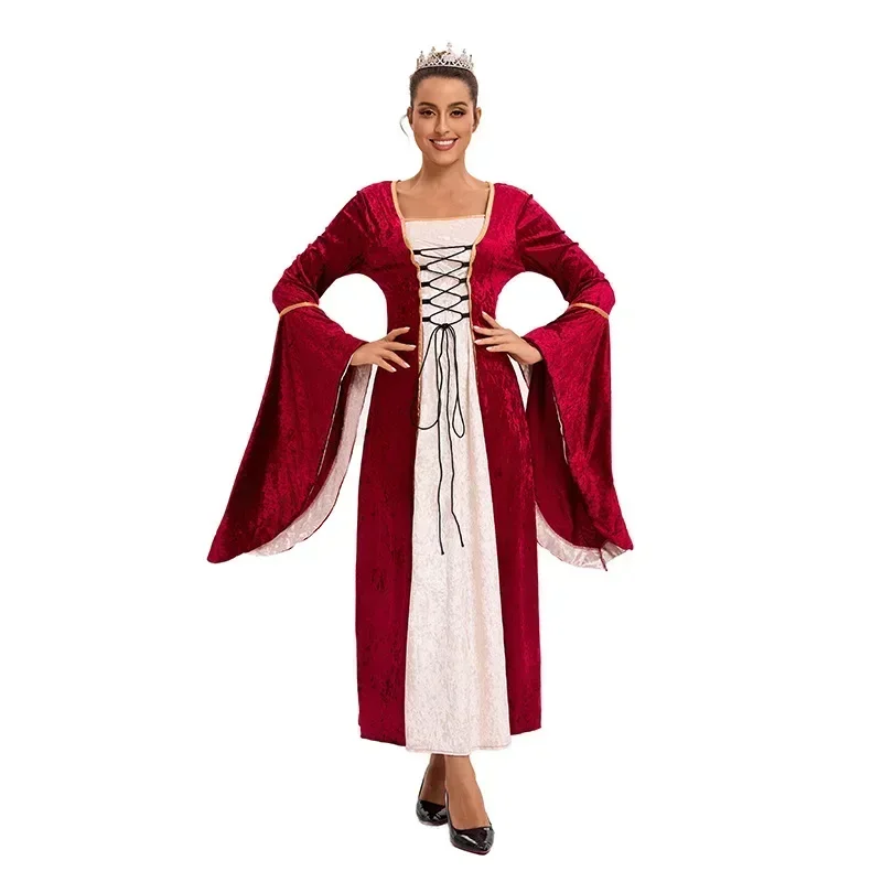 

European American Plus Size Women's Clothing Golden Velvet Straps Horn Sleeves Retro Medieval Dresses Stage Performance Clothing