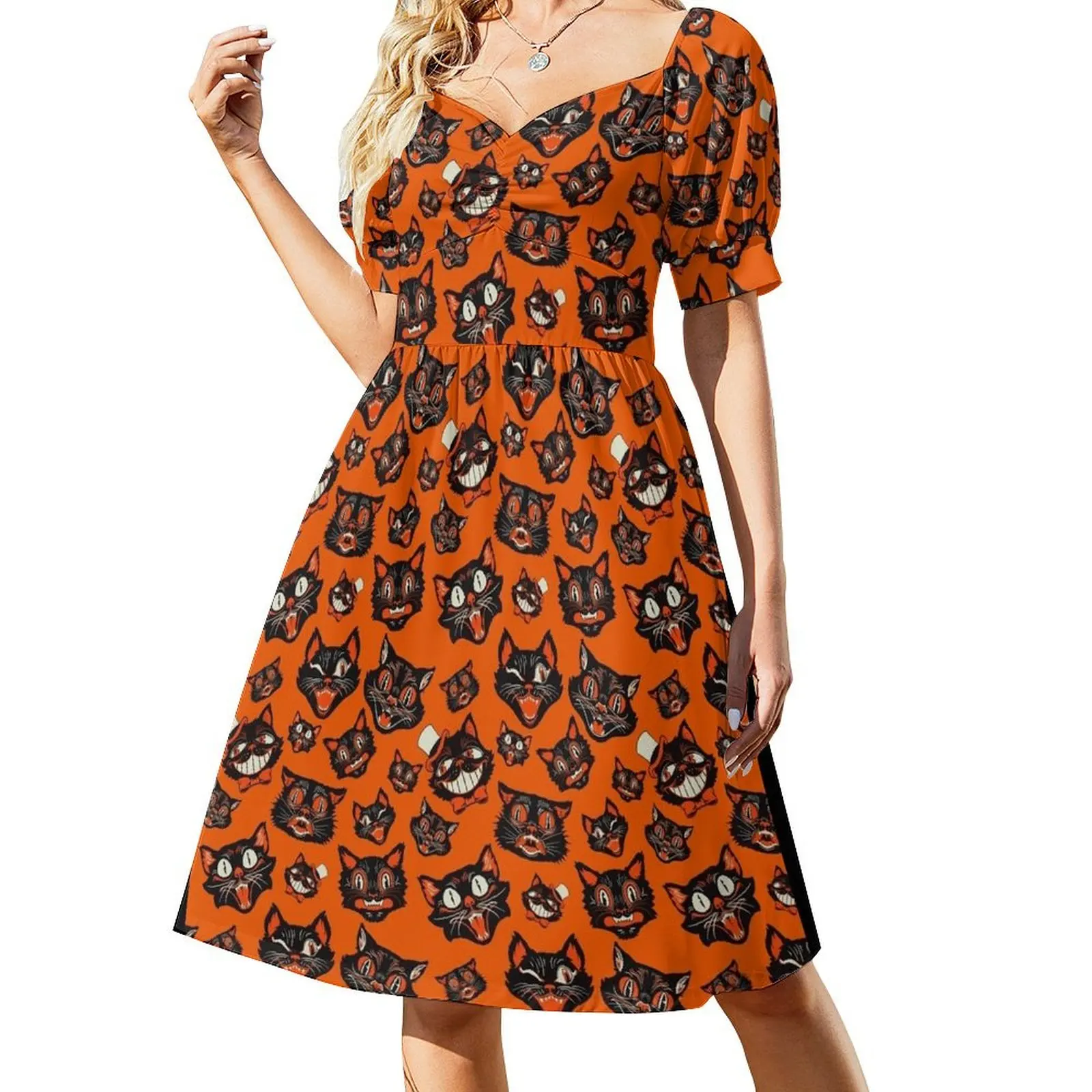 

Retro Vintage Halloween Black Cat Faces Pattern - Orange Background Short Sleeved Dress Clothing Dress