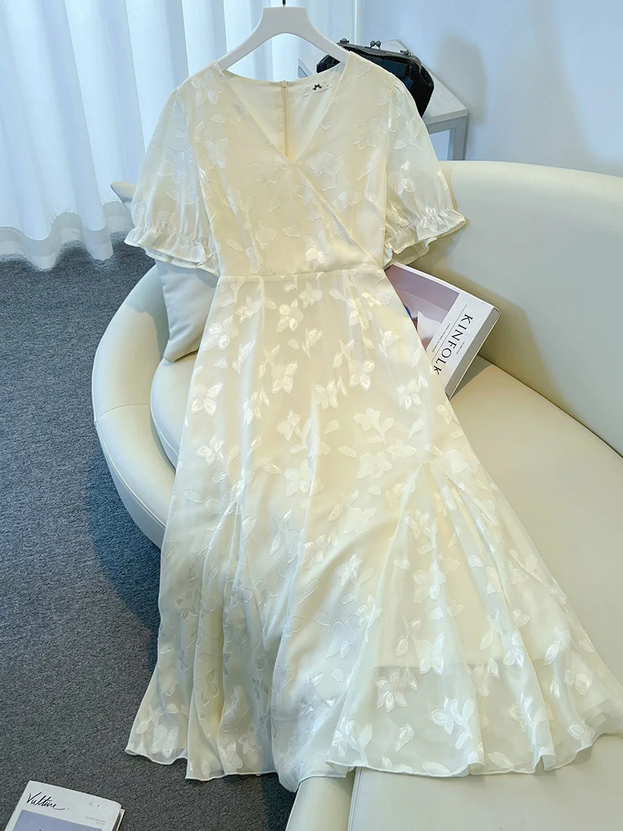 

150Kg Plus Size Women's Bust 150 Summer Loose Jacquard Dress V-Neck Lace Up Waist Dress Apricot 5XL 6XL 7XL 8XL 9XL